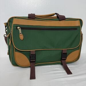 L.L.Bean Green Nylon Briefcase Messenger Bag Leather Trim Laptop Work Travel
